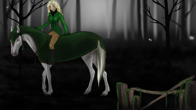Обои картинки фото рисованные, животные,  лошади, всадник, лошадь, лес
