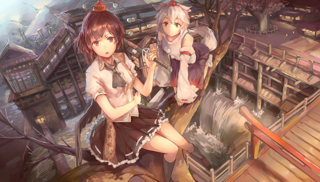 Обои картинки фото аниме, touhou, дома, shameimaru, aya, дерево, хвост, девушки, inubashiri, momiji, gensou, kuro, usagi, арт