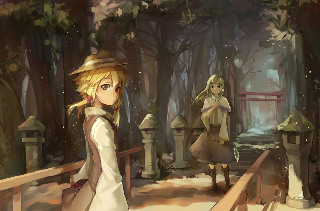 Обои картинки фото аниме, touhou, gensou, kuro, usagi, арт, деревья, природа, девушки, moriya, suwako, kochiya, sanae
