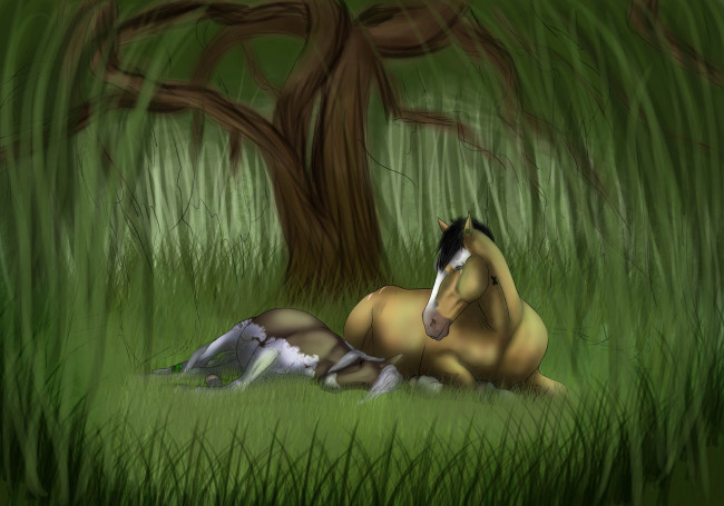 Обои картинки фото рисованные, животные,  лошади, лес, лошадь