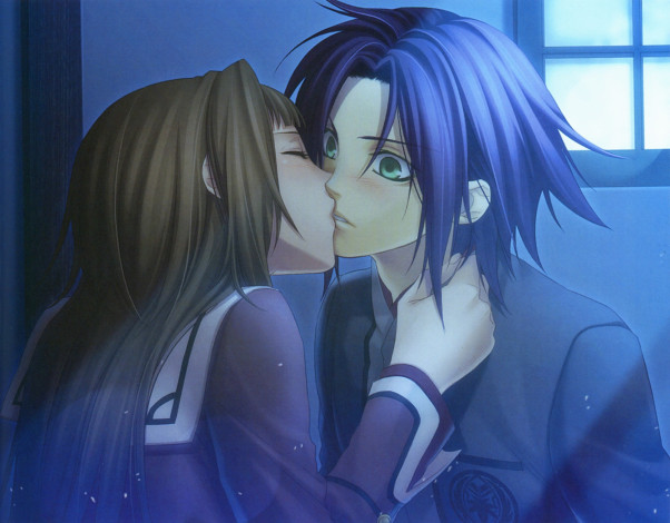 Обои картинки фото аниме, hiiro no kakera, поцелуй