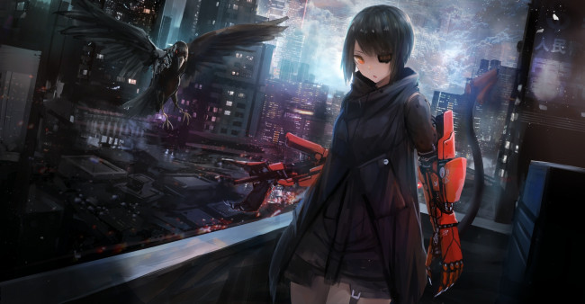 Обои картинки фото аниме, оружие,  техника,  технологии, девушка