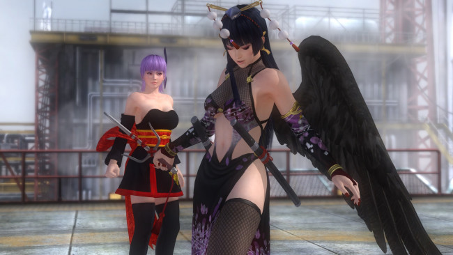 Обои картинки фото ayane and nyotengu, 3д графика, аниме , anime, взгляд, девушки, фон