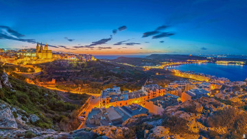 Картинка города -+панорамы дома меллиеха огни мальта пейзаж море панорама