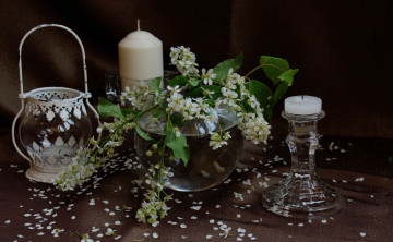 Картинка разное свечи весна ветка натюрморт цветы черемуха