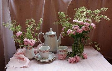 Картинка разное посуда +столовые+приборы +кухонная+утварь гвоздика цветы лето композиция