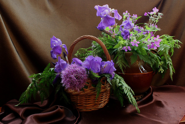 Обои картинки фото цветы, разные вместе, лук, декоративный, натюрморт, ирисы, лето, герань, лесная