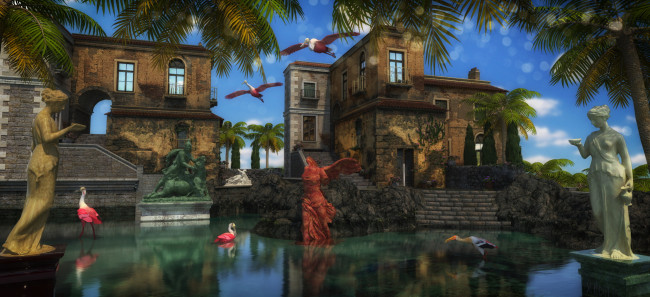 Обои картинки фото 3д графика, реализм , realism, замок, пруд, скульптуры, фламинго