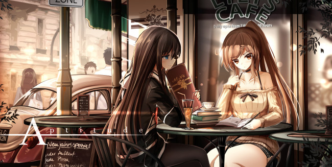 Обои картинки фото аниме, город,  улицы,  интерьер,  здания, девушки