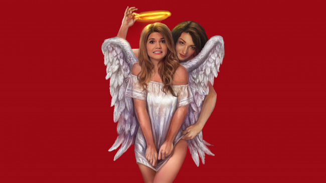 Обои картинки фото рисованное, комиксы, девушки, фон, взгляд, нимб, крылья