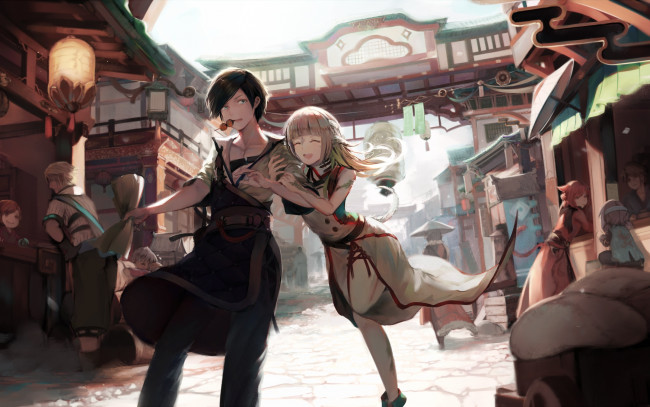 Обои картинки фото аниме, город,  улицы,  интерьер,  здания, девушка