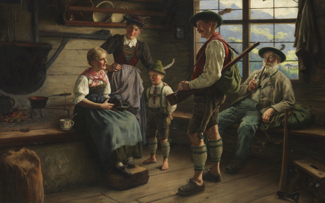 Обои картинки фото рисованное, живопись, rast, des, jаgers, auf, der, alm, отдых, охотника, на, пастбище, эмиль, рау, emil, rau, немецкий, живописец, german, painter, 1919