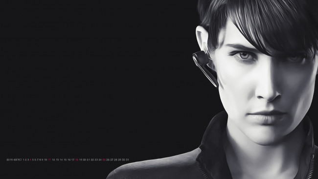 Обои картинки фото календари, компьютерный дизайн, наушник, девушка, черный, взгляд, лицо, 2019, calendar, гарнитура, женщина