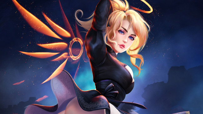 Обои картинки фото видео игры, overwatch, девушка, фон, взгляд, платье