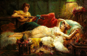 Картинка рисованное hans+zatzka женщины лютня диван цветы