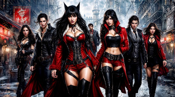 Картинка фэнтези люди компания наряды ушки оружие улица дома