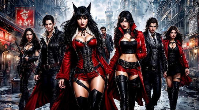 Обои картинки фото фэнтези, люди, компания, наряды, ушки, оружие, улица, дома