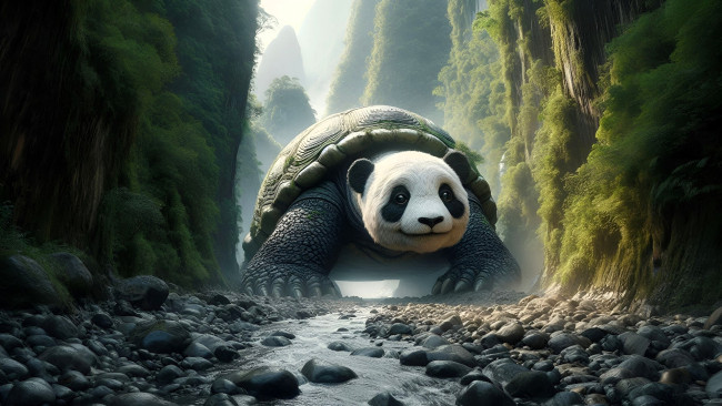 Обои картинки фото 3д графика, существа , creatures, существо, черепаха, панцирь, панда, ручей, камни, деревья, овраг