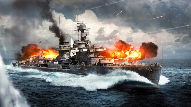 Обои картинки фото видео игры, war thunder, корабль, огонь, дым, море