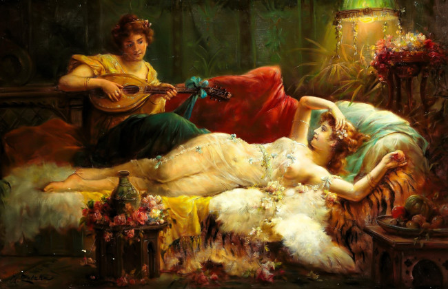Обои картинки фото рисованное, hans zatzka, женщины, лютня, диван, цветы