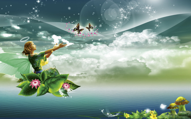 Обои картинки фото разное, компьютерный, дизайн, фея, бабочки, цветы