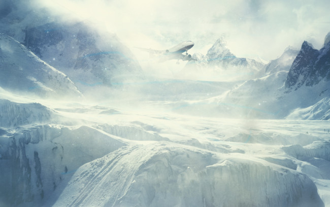Обои картинки фото разное, компьютерный, дизайн, снег, самолет, туман, горы