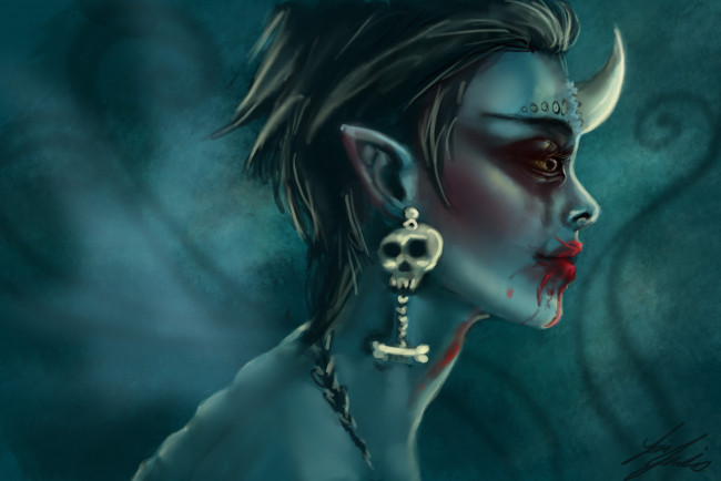 Обои картинки фото фэнтези, существа, рог, серьга, череп, монстр, кровь