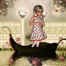 Картинка 3д графика people люди цветы бабочка девушка лодка вода