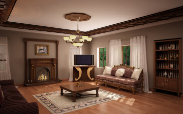 Картинка 3д графика realism реализм диваны комната камин светильники