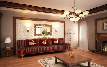 Картинка 3д графика realism реализм камин светильники диваны комната