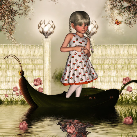 Обои картинки фото 3д, графика, people, люди, цветы, бабочка, девушка, лодка, вода