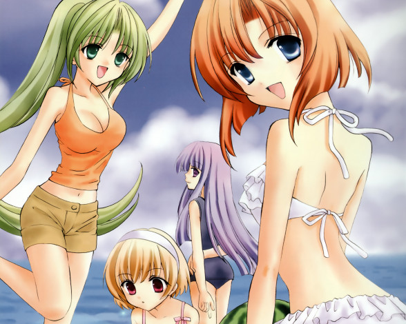 Обои картинки фото аниме, higurashi, no, naku, koro, ni, девушки, ryuuguu, rena, sonozaki, mion, furude, rika, houjou, satoko