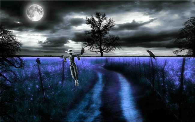 Обои картинки фото 3д, графика, atmosphere, mood, атмосфера, настроения, тучи, планета, ночь, поле, дорога, изгородь, пугало