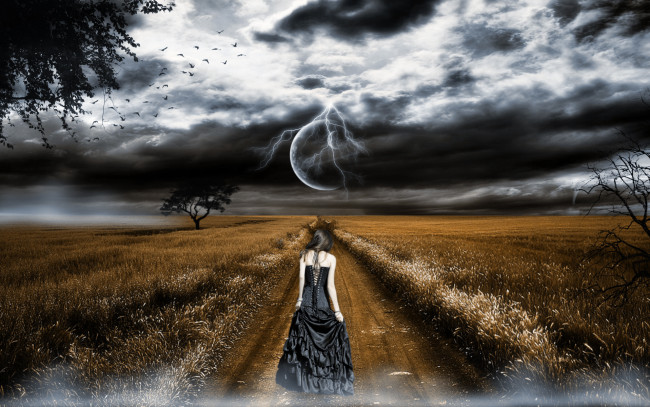 Обои картинки фото 3д, графика, atmosphere, mood, атмосфера, настроения, колосья, поле, птицы, тучи, девушка, дорога, молния, планеты