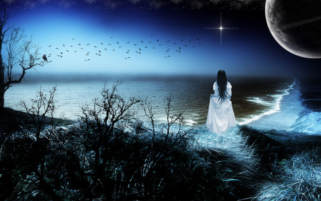 Обои картинки фото 3д, графика, atmosphere, mood, атмосфера, настроения, звезда, девушка, океан, берег, дерево, плпнета
