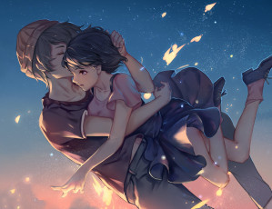 Картинка zankyou+no+terror аниме *unknown+ другое art bamboocm девушка mishima lisa парень twelve удивление объятья полет zankyou no terror