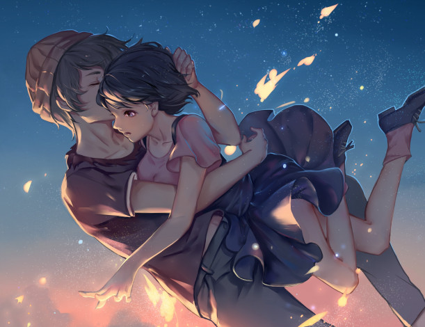 Обои картинки фото zankyou no terror, аниме, *unknown , другое, art, bamboocm, девушка, mishima, lisa, парень, twelve, удивление, объятья, полет, zankyou, no, terror