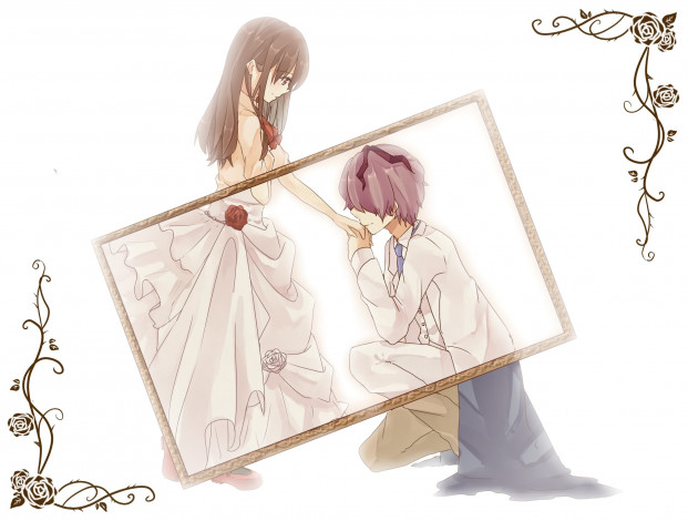 Обои картинки фото аниме, ib, свадьба, рамка, романтика, девушка, мужчина, белый, фон, garry, eve