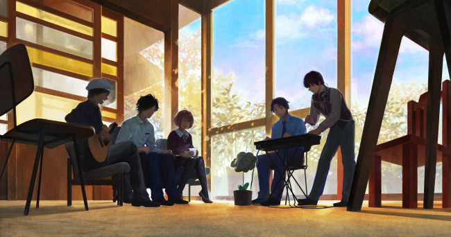 Обои картинки фото аниме, -headphones & instrumental, арт, мужчины, девушки, комната, окно, музыкальные, инструменты, люди