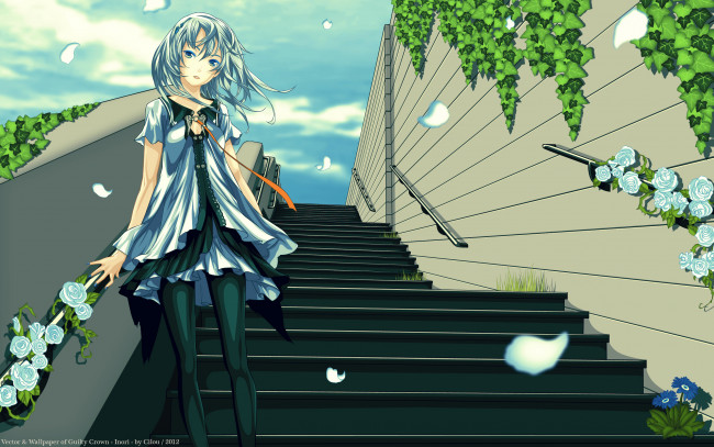 Обои картинки фото by cilou, аниме, beatless, небо, зелень, лепестки, ветер, девушка, lacia, цветы, лестница, облака, розы, redjuice