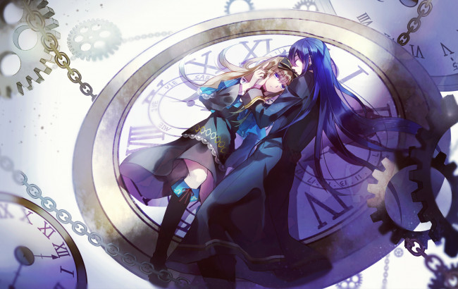 Обои картинки фото аниме, alice in wonderland, цепи, шестеренки, парень, девушка, часы, бант