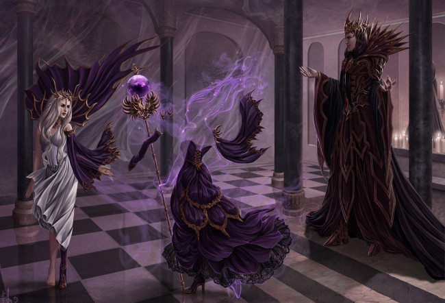 Обои картинки фото фэнтези, призраки, замок, девушка, дух, платье, парень, посох, колонны