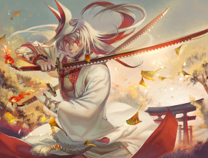 Картинка аниме оружие +техника +технологии узоры тату врата меч катана маска парень арт