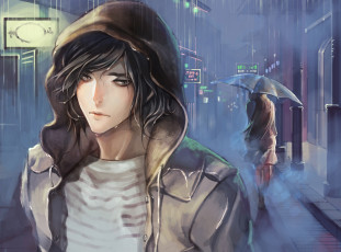 Картинка аниме город +улицы +здания девушка парень улица дождь зонт капюшон арт