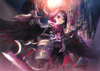 Картинка аниме ангелы +демоны луна капюшон череп крылья клетка парень thanatos elsword scorpion5050 арт