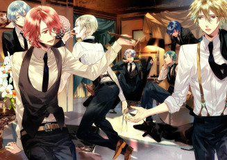 Картинка аниме starry+sky галстук звездное небо starry sky kazuaki art рубашка лампа кресло собака комната парни