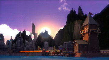 Картинка рисованное города горы дома озеро самолет