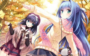 Картинка аниме unknown +другое шарф девушки листья осень прогулка фон взгляд бант