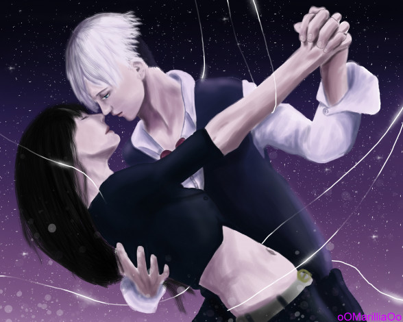 Обои картинки фото death parade, разное, арты, пара, death, parade, судья, ночь, деким, танец, романтика