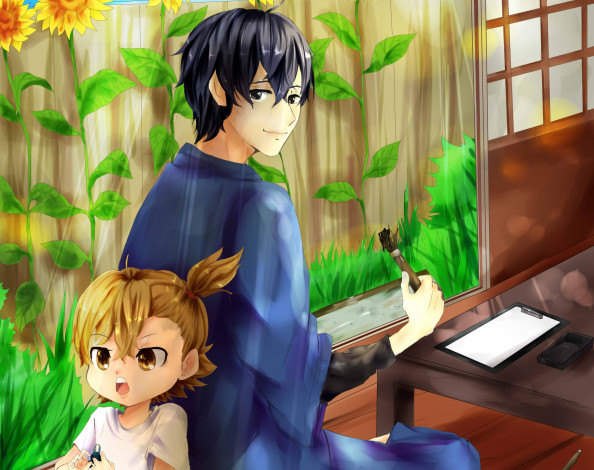 Обои картинки фото разное, арты, парень, девочка, баракамон, арт